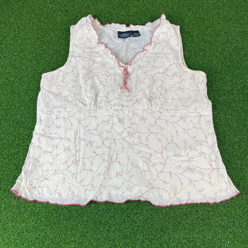 Sonoma Sleeveless Fairy Coquette Ruffle Neck Floral Cotton Top Womens L Blouse